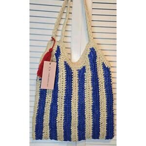Expressions NYC Blue Natural Striped Tote 17x15" Luxury Vegan Shoulder Bag Lined